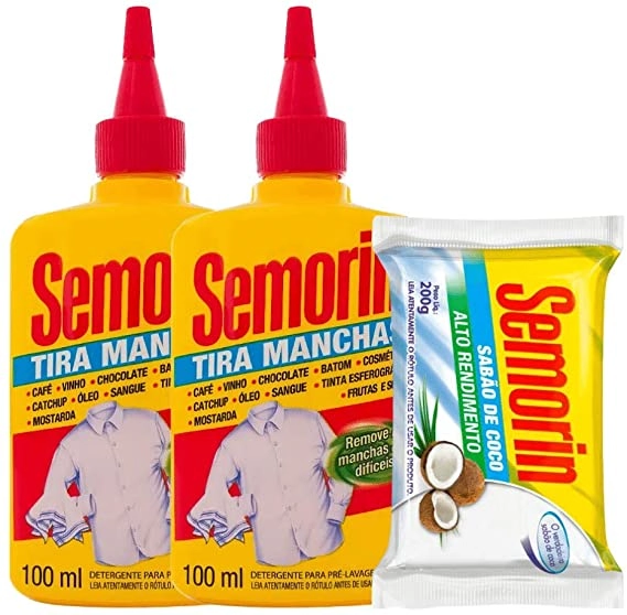 Kit 2 Tira Manchas 100ml Cada Semorin Grátis Sabão Barra De Coco 200g