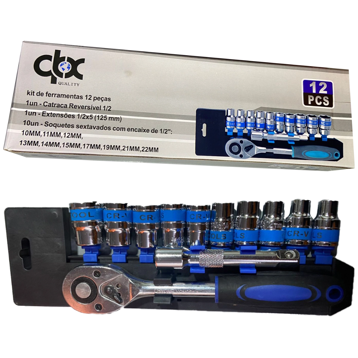 Jogo De Soquete Sextavado 1/2 Catraca 12 Peças 10 A 22mm Com Extensão