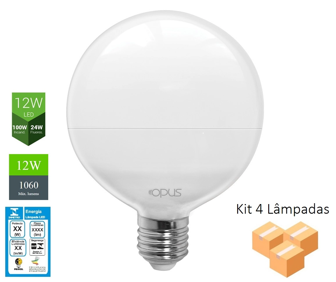 Kit 4 Lâmpadas Led G95 E27 2700k 12w Bivolt - Opus