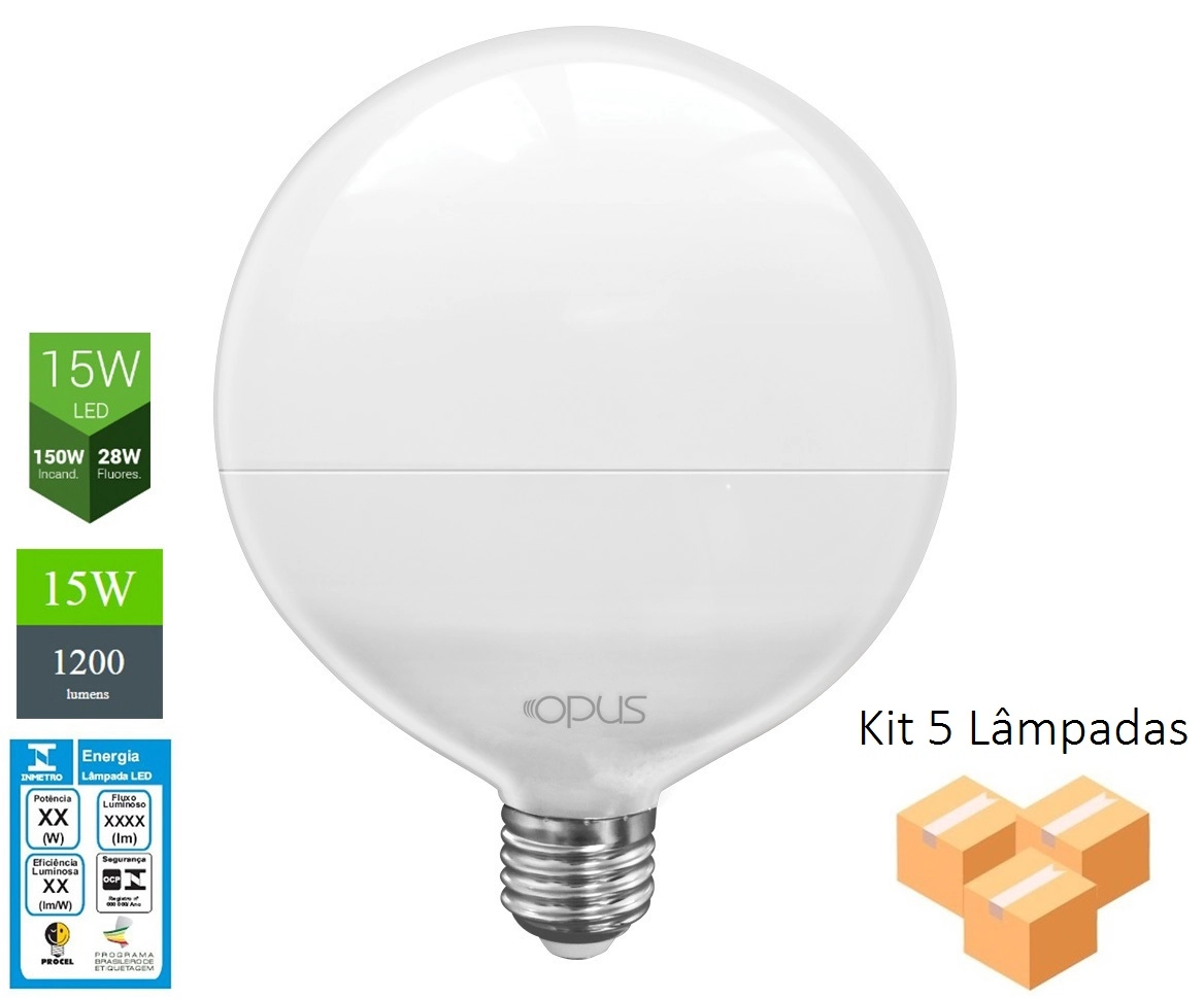 Kit 5 Lâmpadas Led G120 E27 6500k 15w Bivolt - Opus