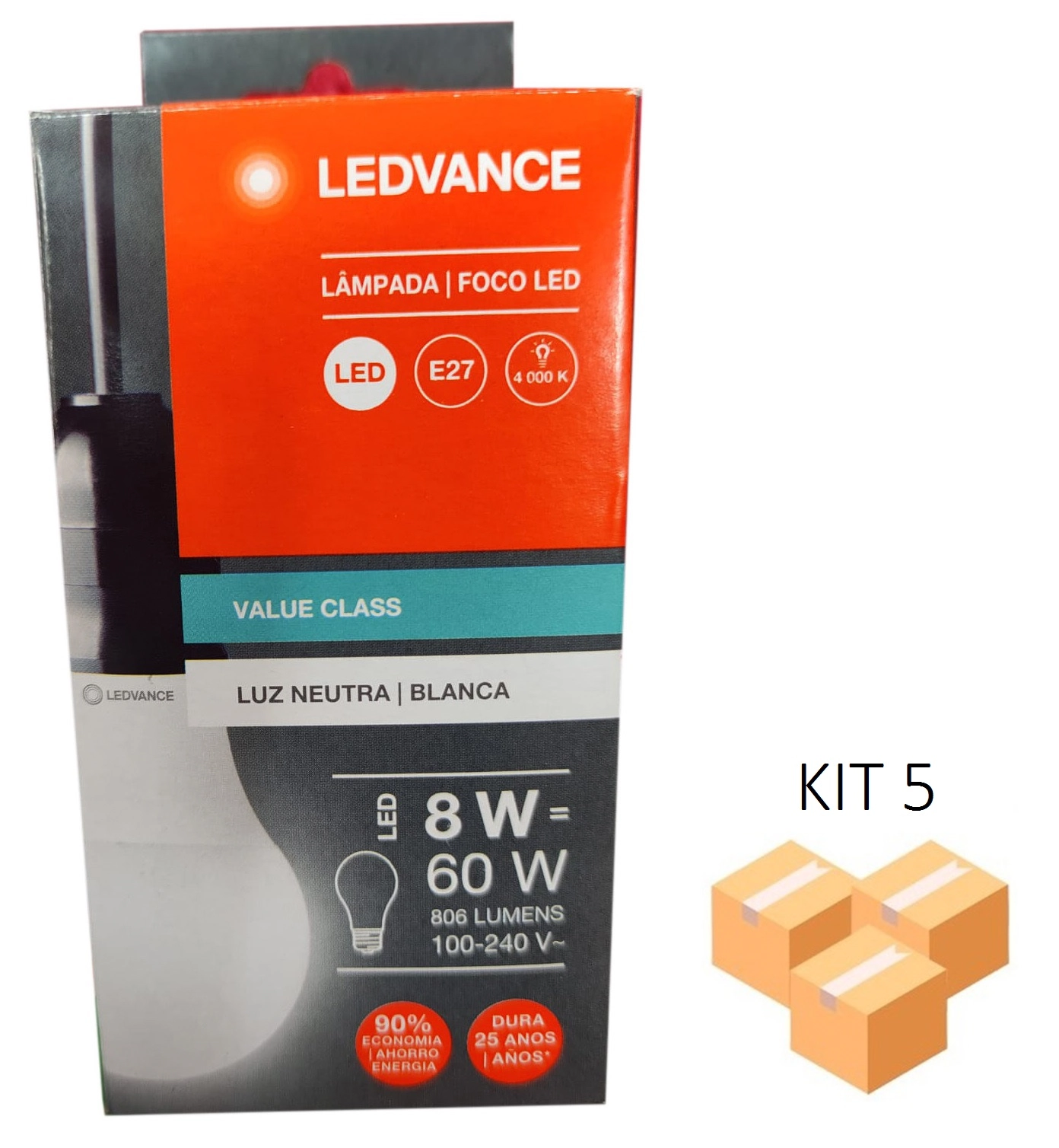 Kit 5 Lâmpadas Led Bulbo 8w 4000k E27 Bivolt - Ledvance