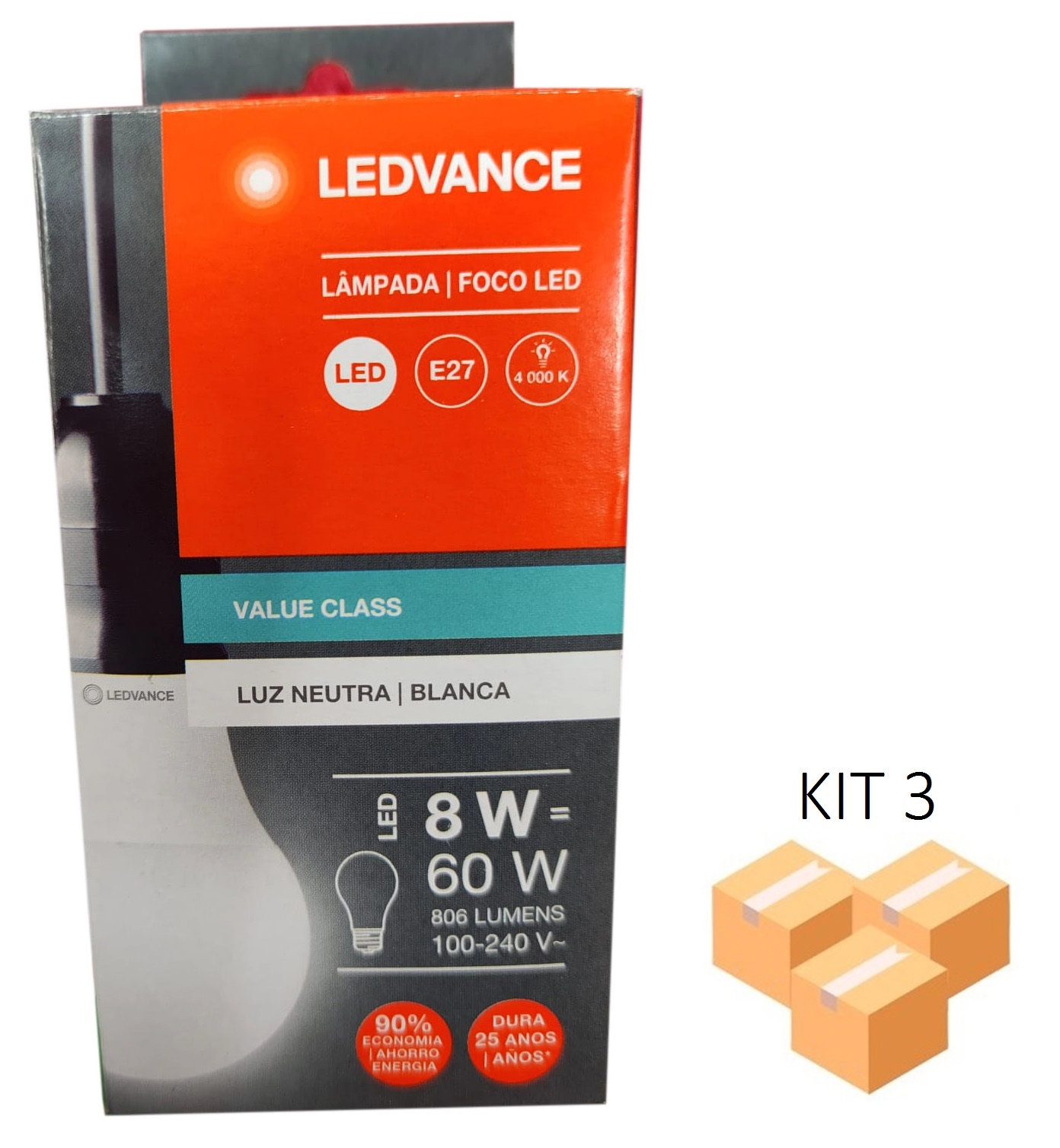 Kit 3 Lâmpadas Led Bulbo 8w 4000k E27 Bivolt - Ledvance