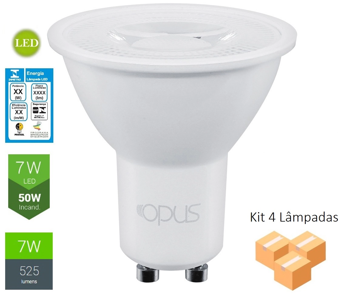 Kit 4 Lâmpadas Led Mr16 7w 6500k Bivolt - Opus