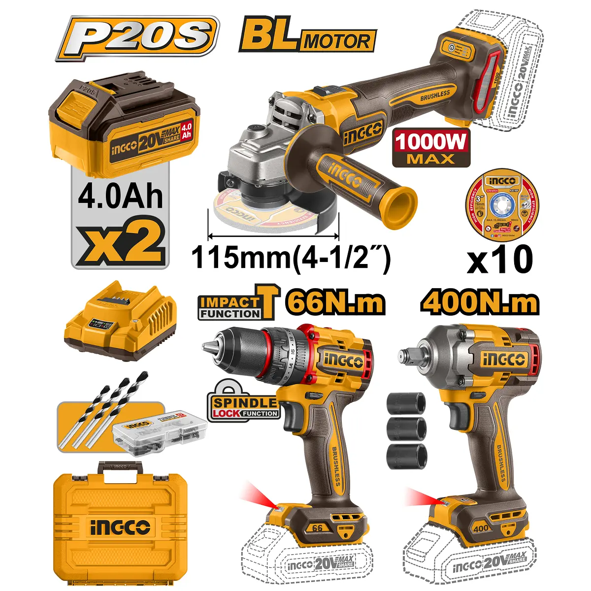 Super Combo 3 Em 1 Ingco 20v Parafusadeira, Chave Impacto E Esmerilhadeira Brushless