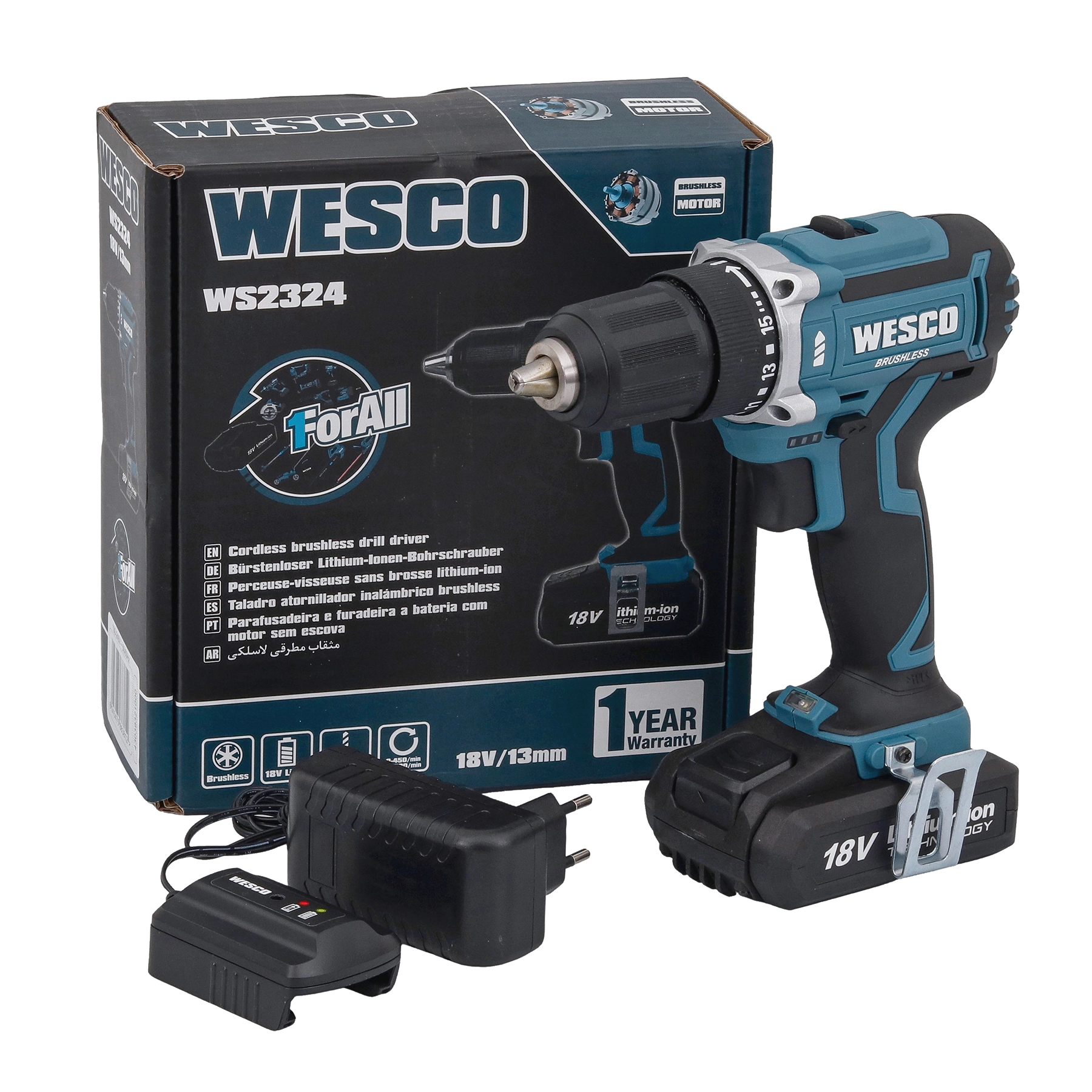 Furadeira e Parafusadeira a Bateria Wesco Brushless com Bateria e Carregador 18V 1/2" WS2324