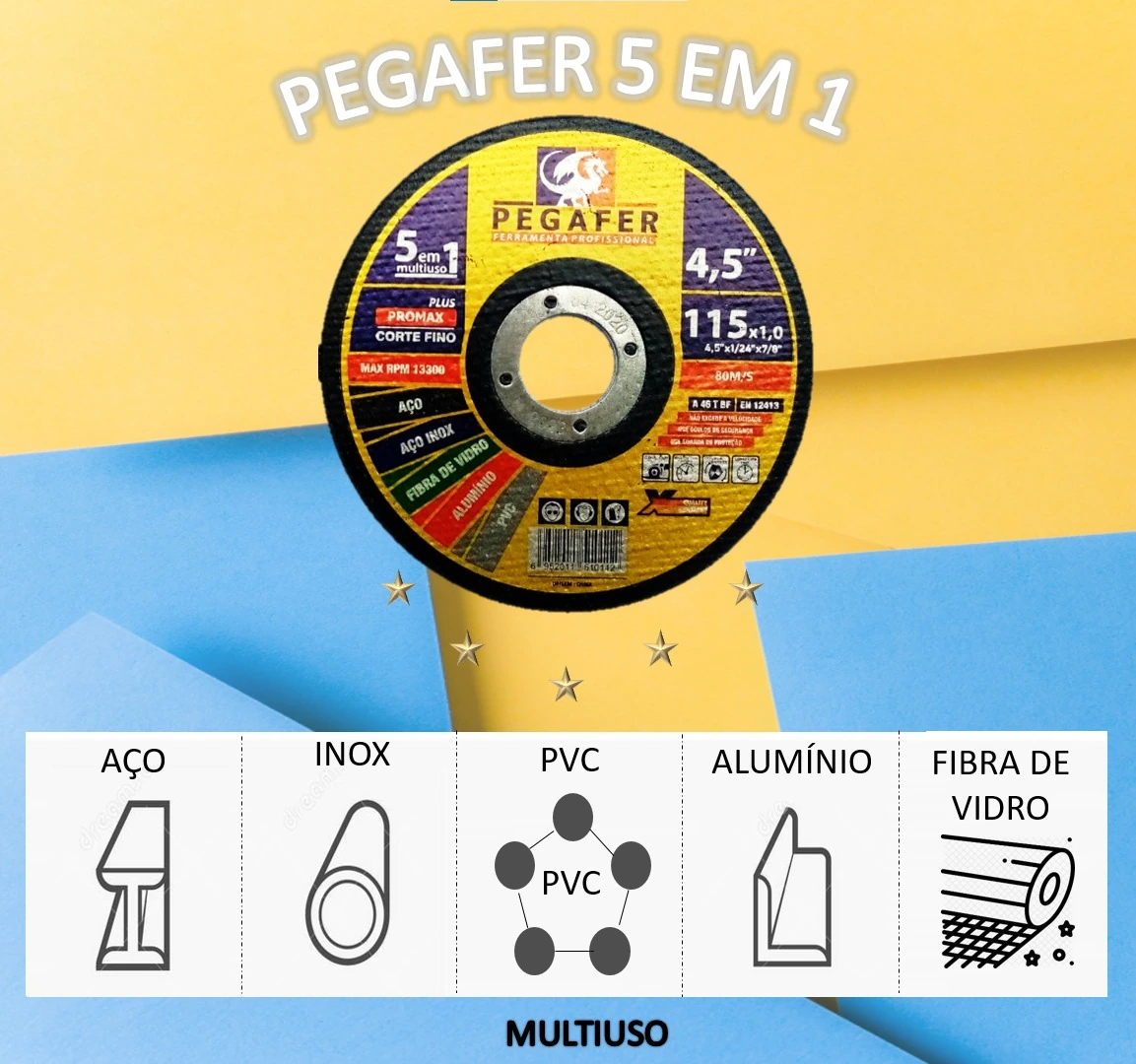 Kit 10 Disco De Corte 4,5x1.0x7,8 Multiuso 5 Em 1 Pegafer