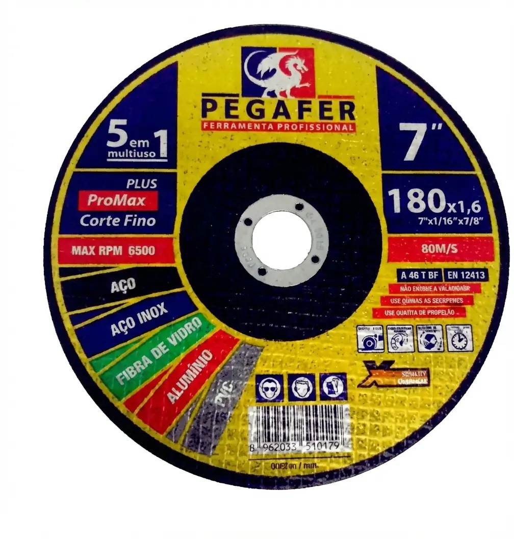 Kit 10 Un Disco Corte Fino Ferro Aço Inox Fibra Vidro Aluminio Pvc 7" Pol/180mm Furo 7.8 Pol/22mm Pegafer