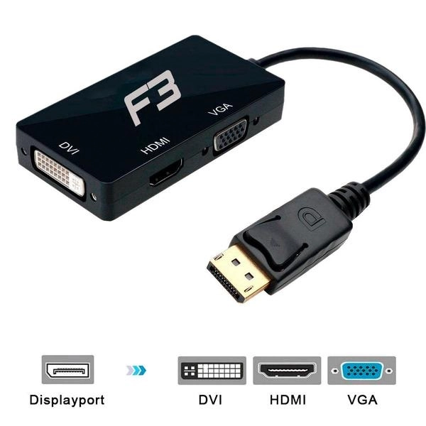 Cabo Adaptador Conversor Displayport Para Hdmi + Vga + Dvi 3 Em 1 Jc-dp3in1 F3 1037