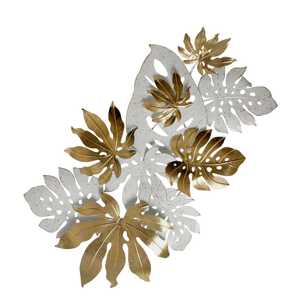 Escultura Parede Folhas Brancas Douradas 110x5x65cm Hc21372 Home Colle