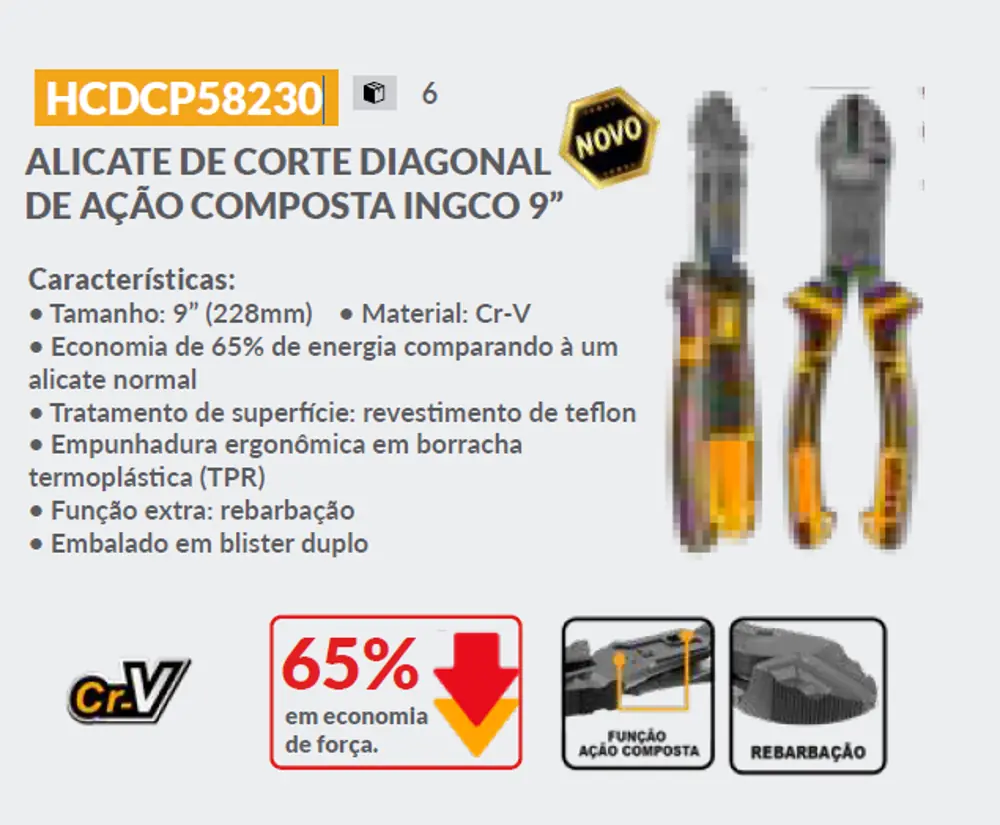 Alicate Corte Diagonal 9 Ingco Ação Composta 65% Menos Força 228mm Hcdcp58230