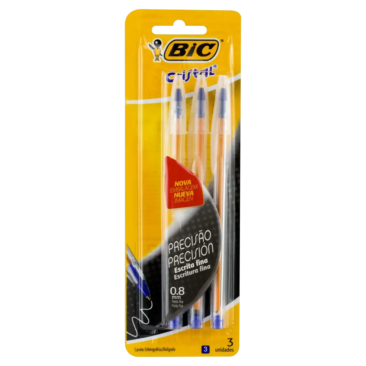 Caneta Esferográfica Azul Ponta Fina Bic Cristal 3 Unidades