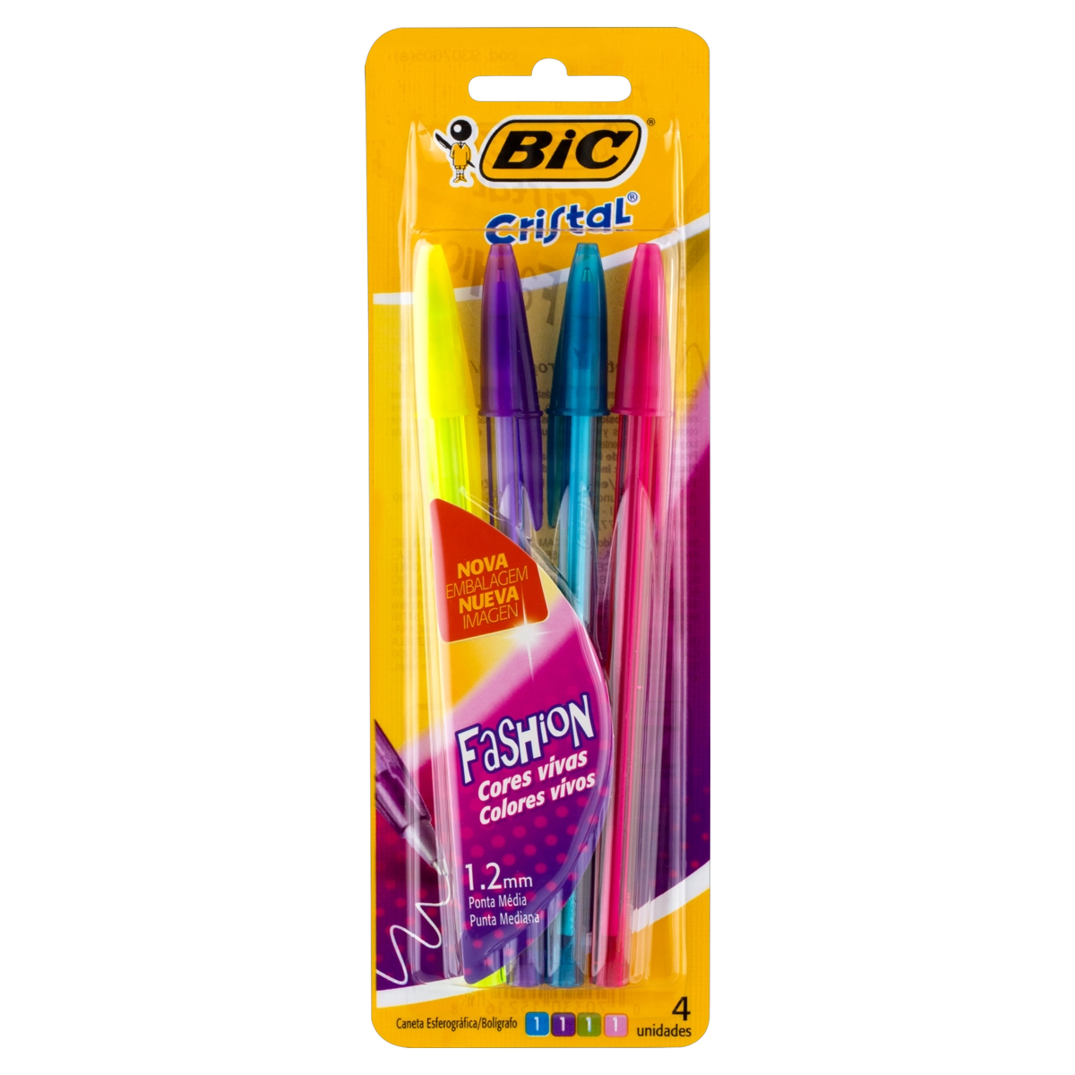 Caneta Esferográfica 1,2mm Ponta Média Fashion Bic Cristal 4 Unidades