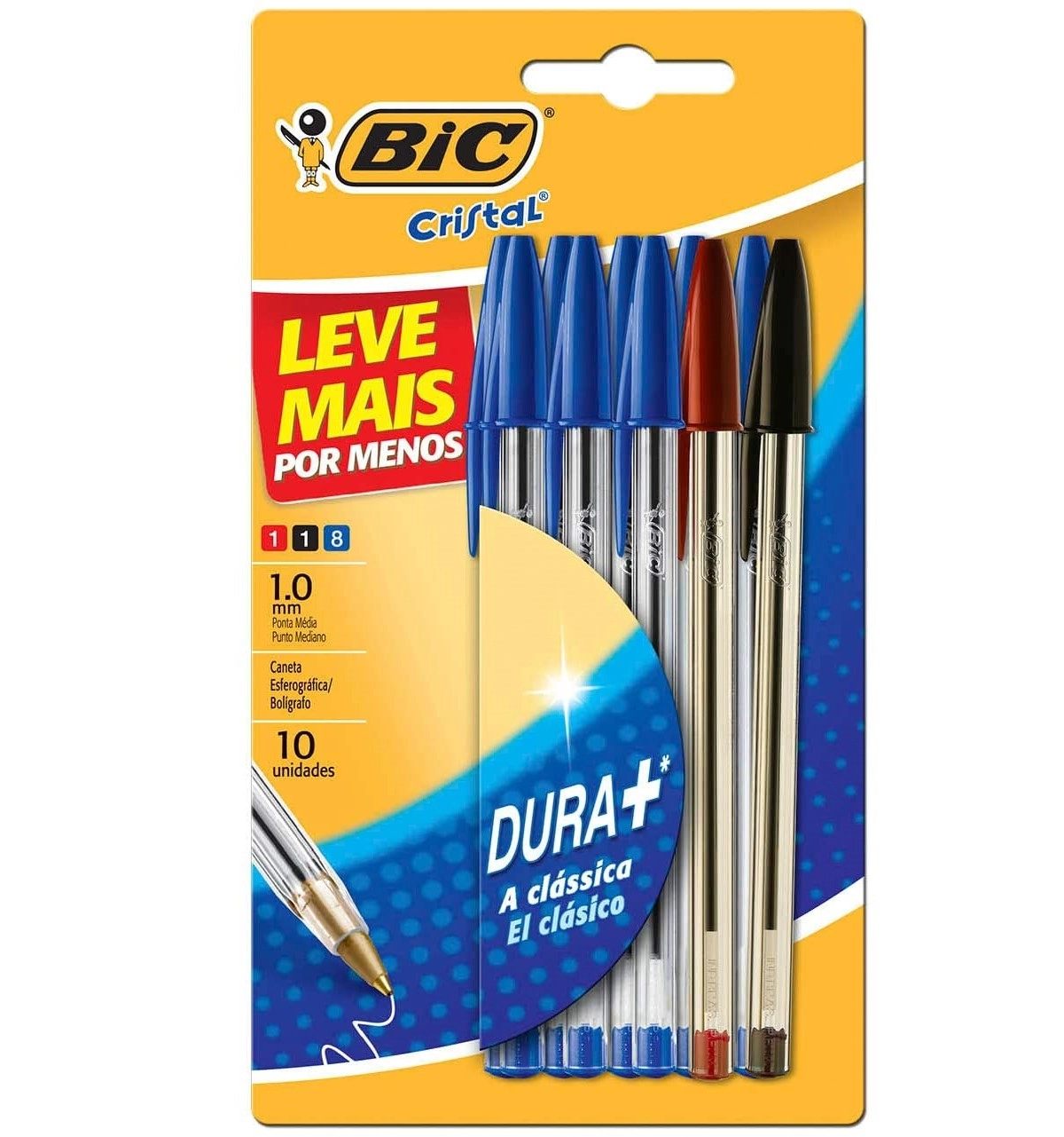 Caneta Esferográfica 1,0mm Ponta Média Dura Bic Cristal 10 Unidades Leve Mais Pague Menos