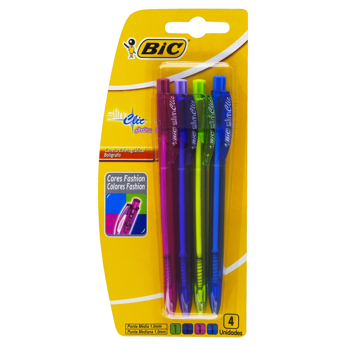 Caneta Esferográfica Retrátil Ponta Média Fashion Bic Slim Clic 4 Unidades