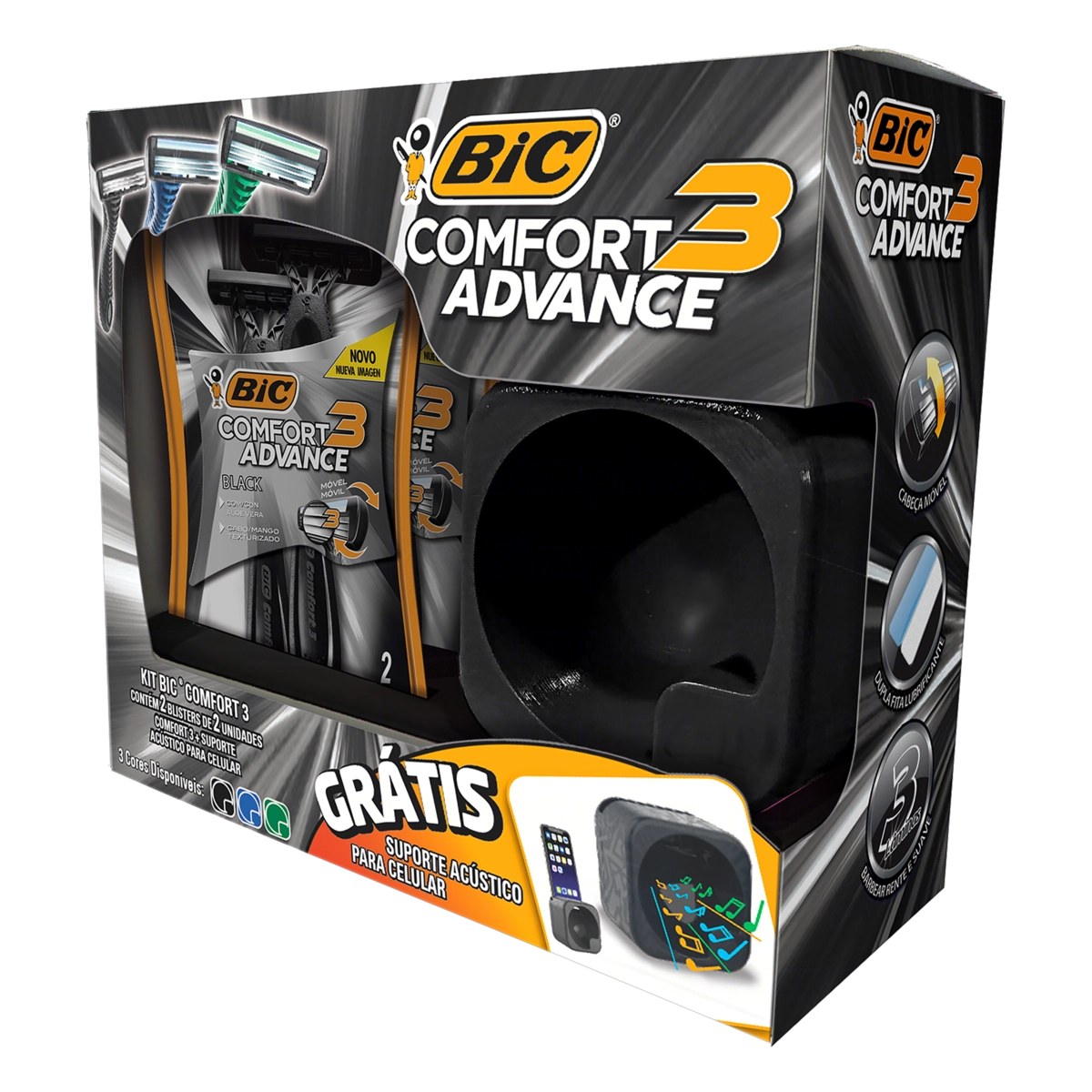 Kit Aparelho Descartável Para Barbear Bic Comfort 3 Advance Black 4 Unidades Grátis Suporte Acústico