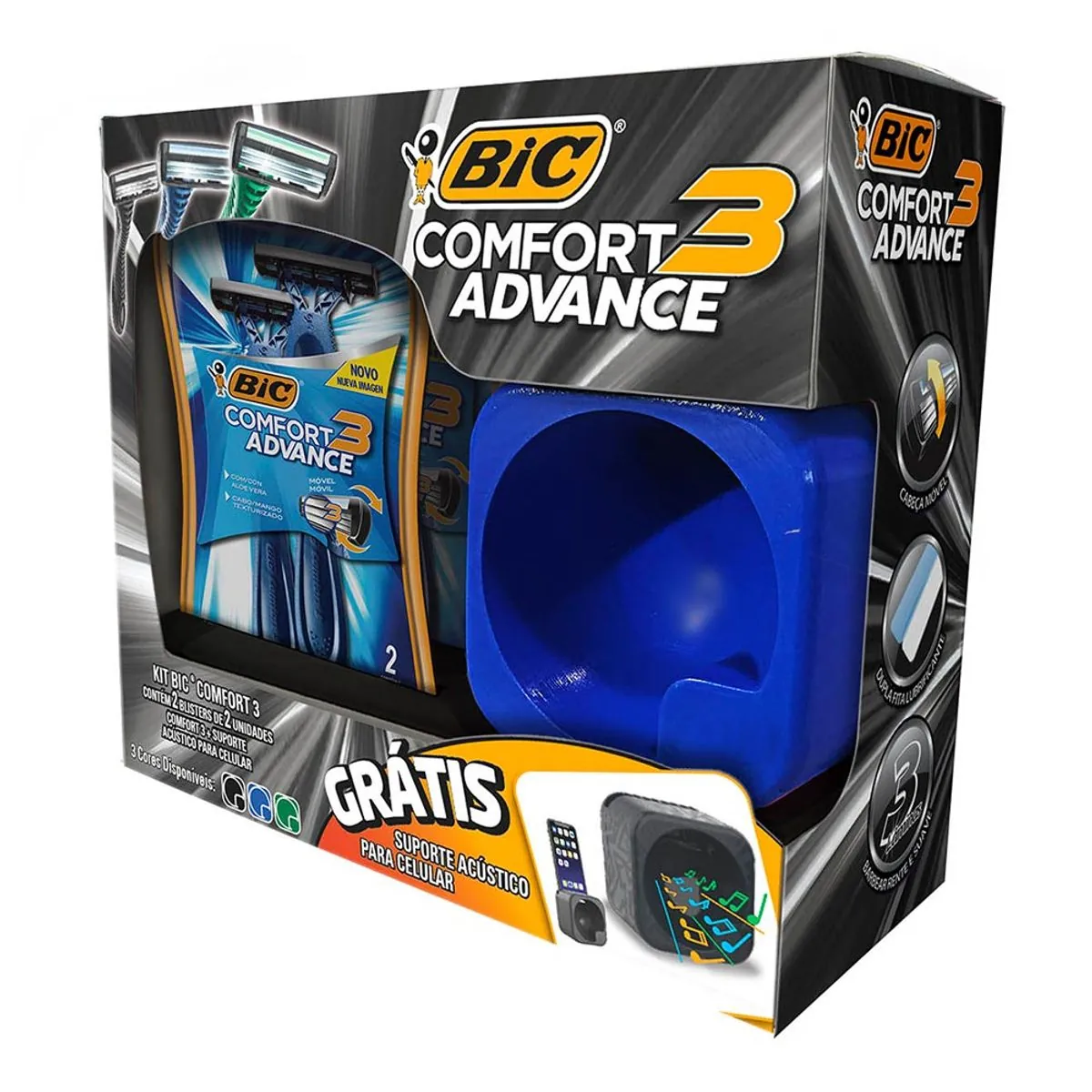 Kit Aparelho Descartável Para Barbear Bic Comfort 3 Advance 4 Unidades Grátis Suporte Acústico Para
