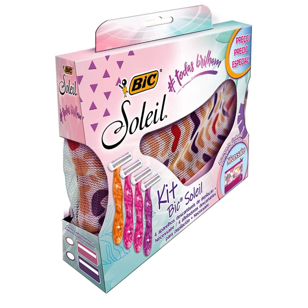 Kit 4 Aparelhos Descartáveis Para Depilar Bic Soleil Grátis Esponja De Maquiagem