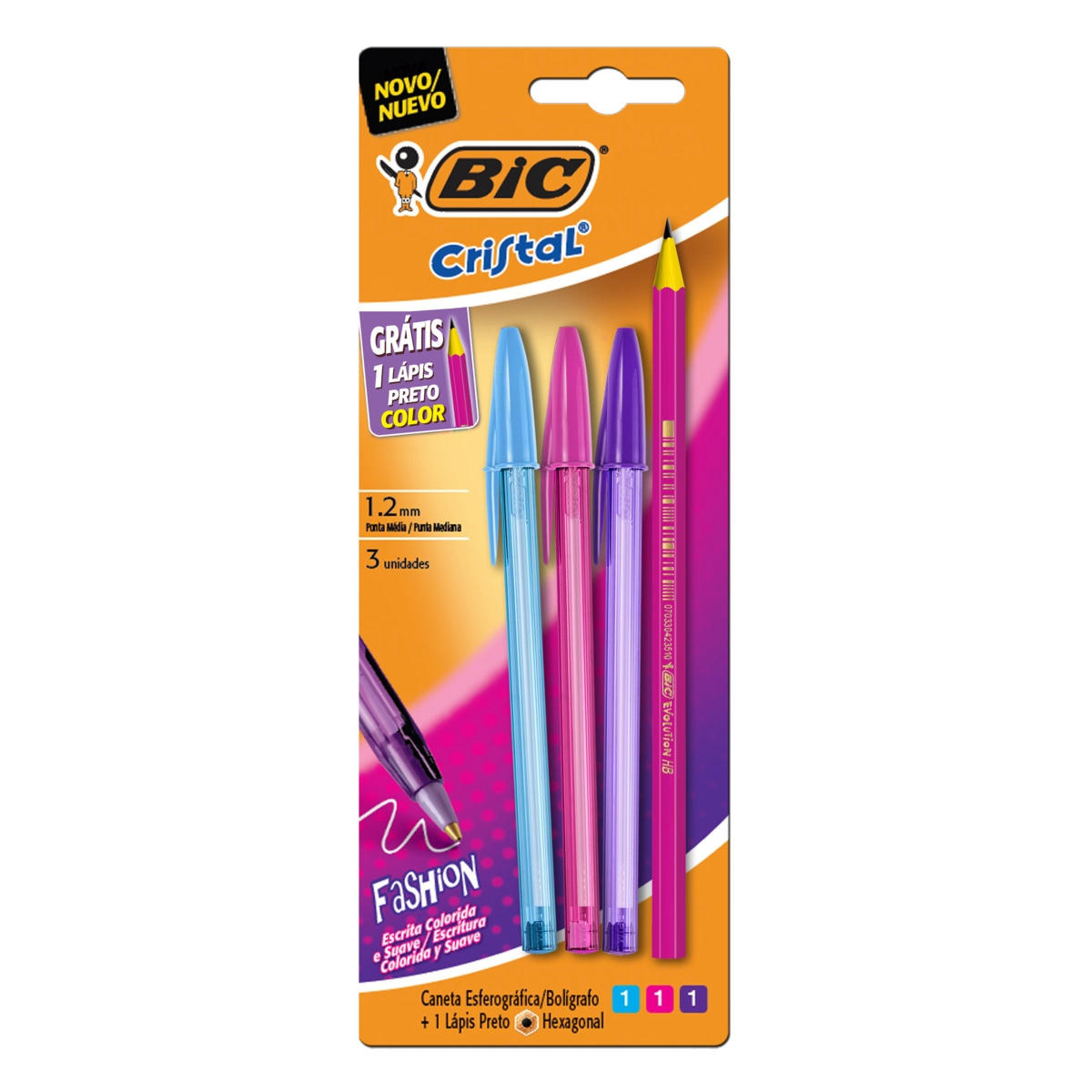 Kit Caneta Esferográfica Ponta Média Fashion Bic Cristal 3 Unidades Grátis Lápis Preto Color