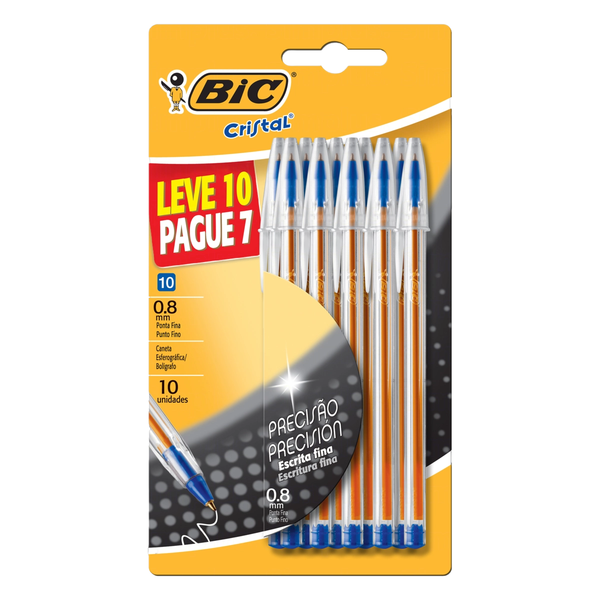 Caneta Esferográfica Azul 0,8mm Ponta Fina Bic Cristal Leve 10 Pague 7 Unidades
