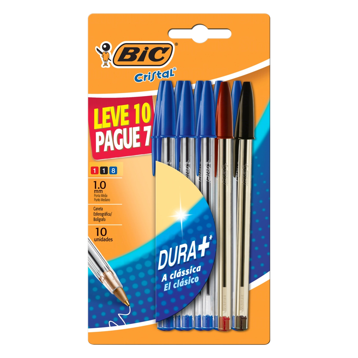 Kit 8 Canetas Esferográficas Azul 1 Vermelha 1 Preta 1,0mm Ponta Média Dura Bic Cristal Leve 10 Pagu