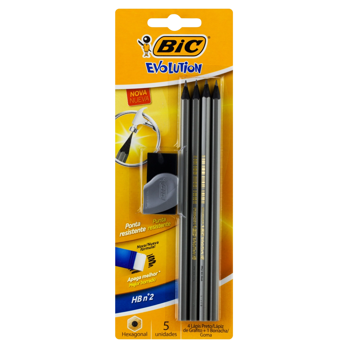 Kit 1 Borracha 4 Lápis Preto Hb N 2 Grafite Bic Evolution