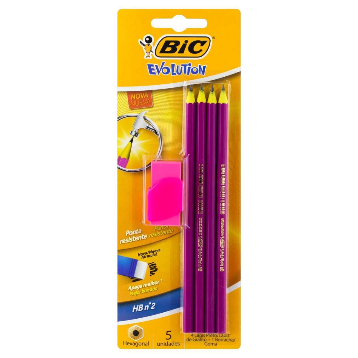 Kit 1 Borracha 4 Lápis Preto Hb N 2 Bic Evolution