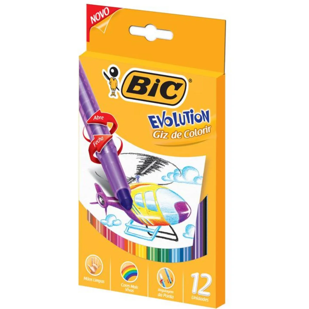 Giz de Cera Bic Evolution 12 Cores Retrátil com Regulagem de Ponta