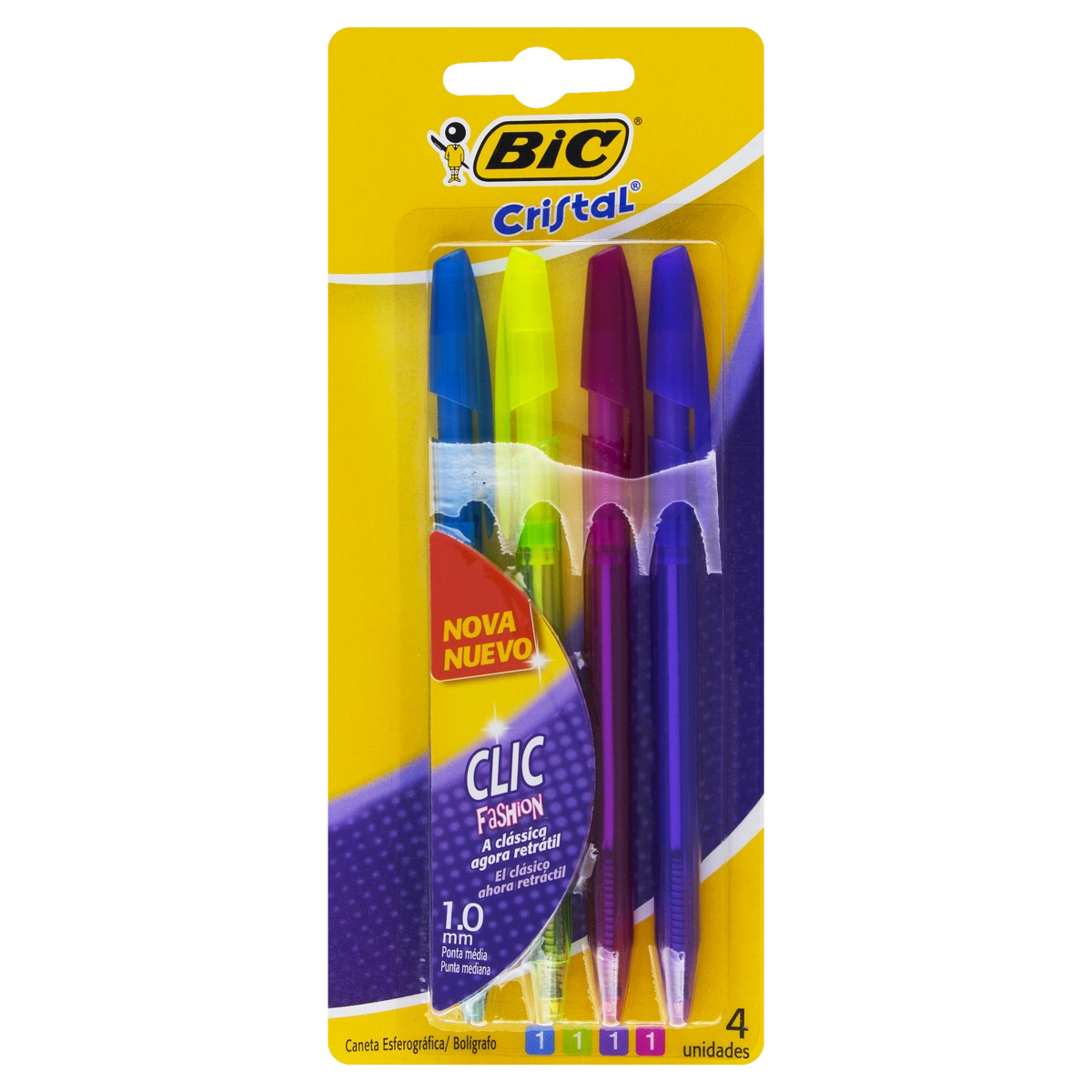 Caneta Esferográfica Retrátil 1,0mm Ponta Média Clic Fashion Bic Cristal 4 Unidades