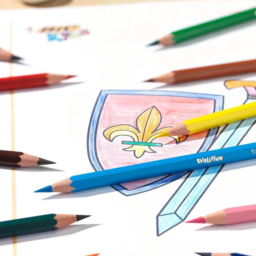 Kit 12 Lápis De Cor Evolution 1 Borracha 1 Apontador 2 Canetas 1,2mm Ponta Média Fashion Bic Grátis