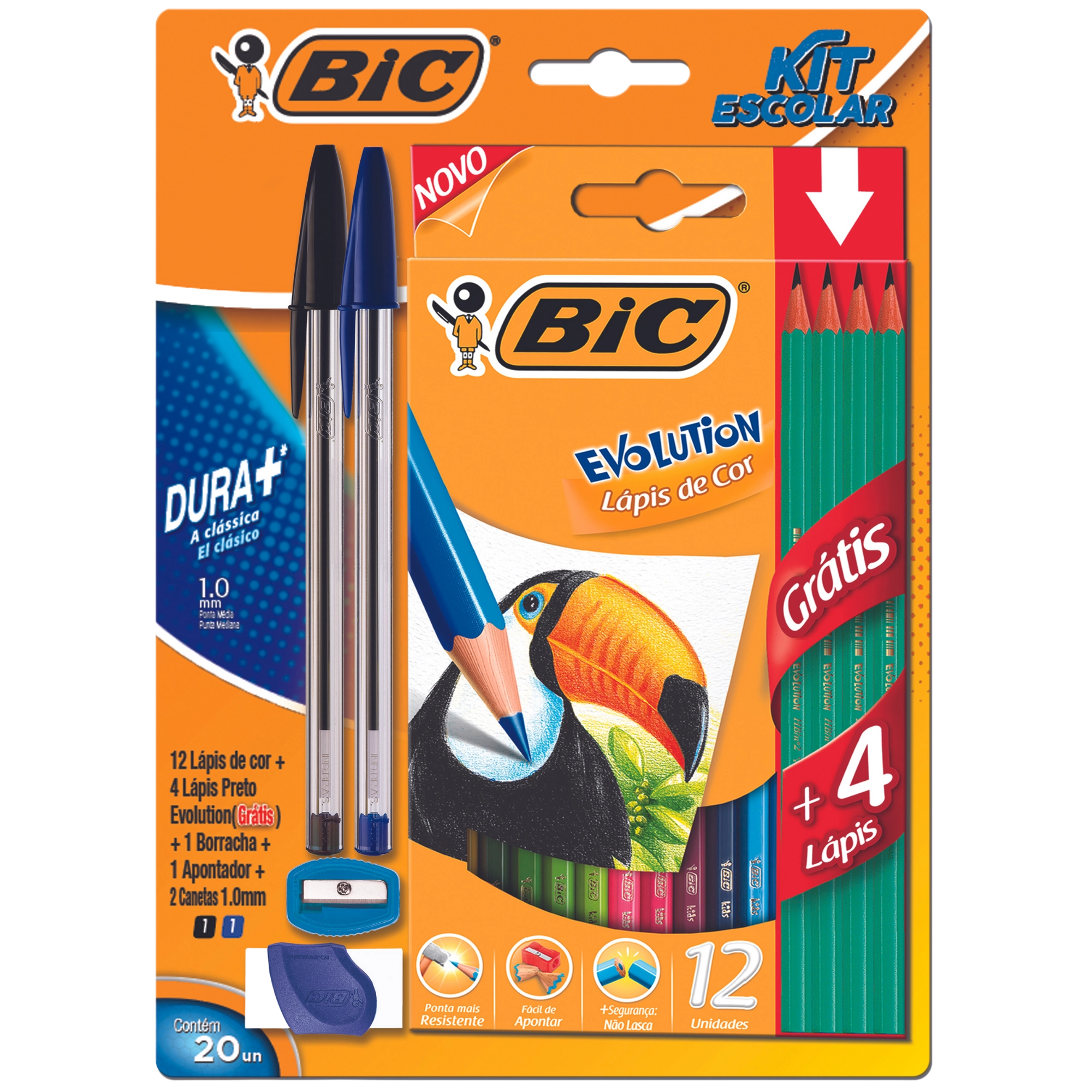 Kit 12 Lápis De Cor Evolution 1 Borracha 1 Apontador 2 Canetas 0,8mm Ponta Fina Bic Grátis 4 Lápis P
