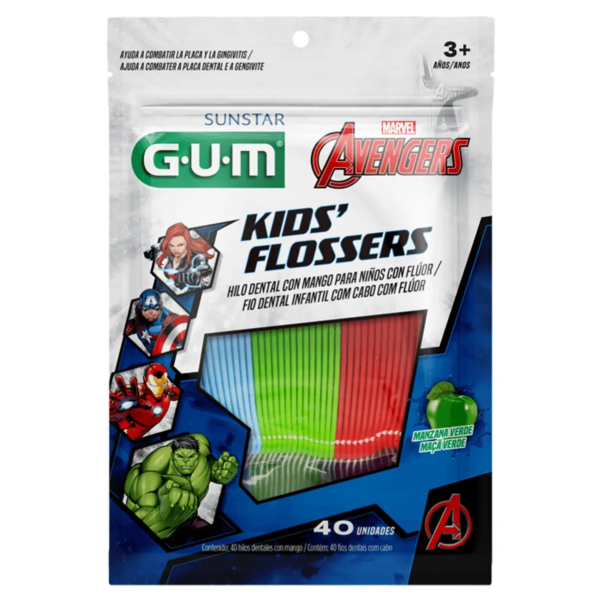 Fio Dental Infantil Com Cabo Maçã Verde Avengers Gum 40 Unidades