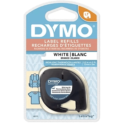 Dymo 18771 1/2 6.5 Feet Black On White Fabric Iron On Tape For Letratag Pr