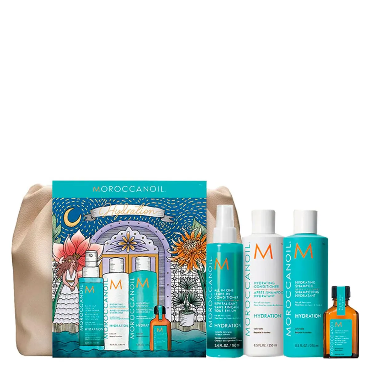 Kit Moroccanoil Hydration Leave-in 160ml + Condicionador 250ml + Shampoo 250ml + Óleo 25ml + Nécessa