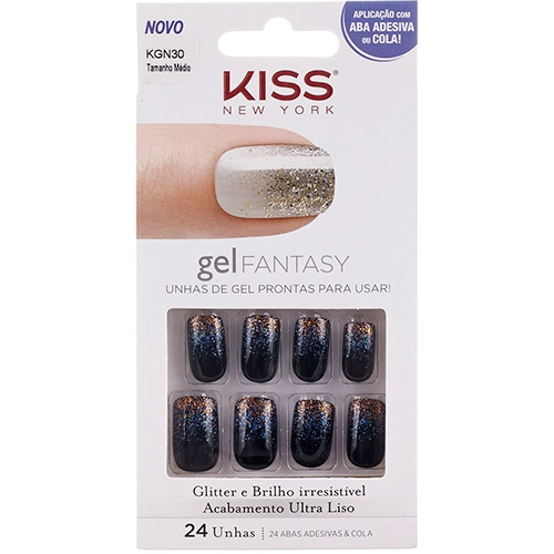 Unhas Postiças De Gel Fantasy Kiss Autoadesivas Onyx Média First Kiss