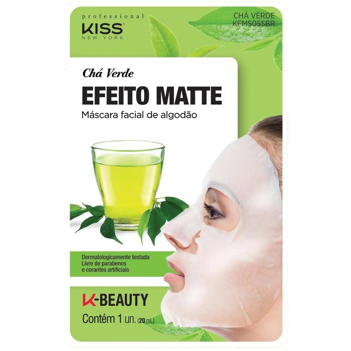 Máscara Facial de Algodão Kiss NY Chá Verde Efeito Matte com 1 Unidade