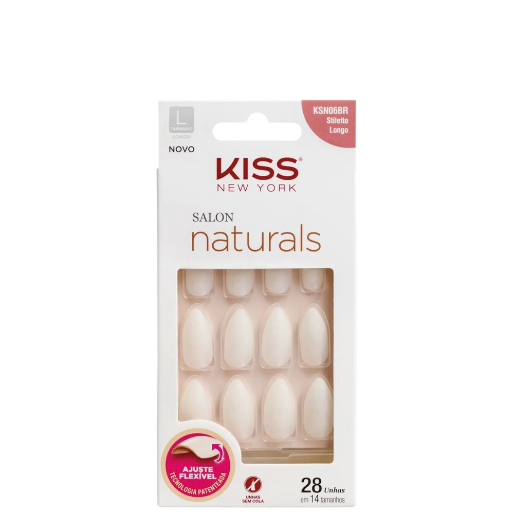 Unha Postiça Stiletto Kiss New York Salon Naturals Longa Caixa 28 Unidades