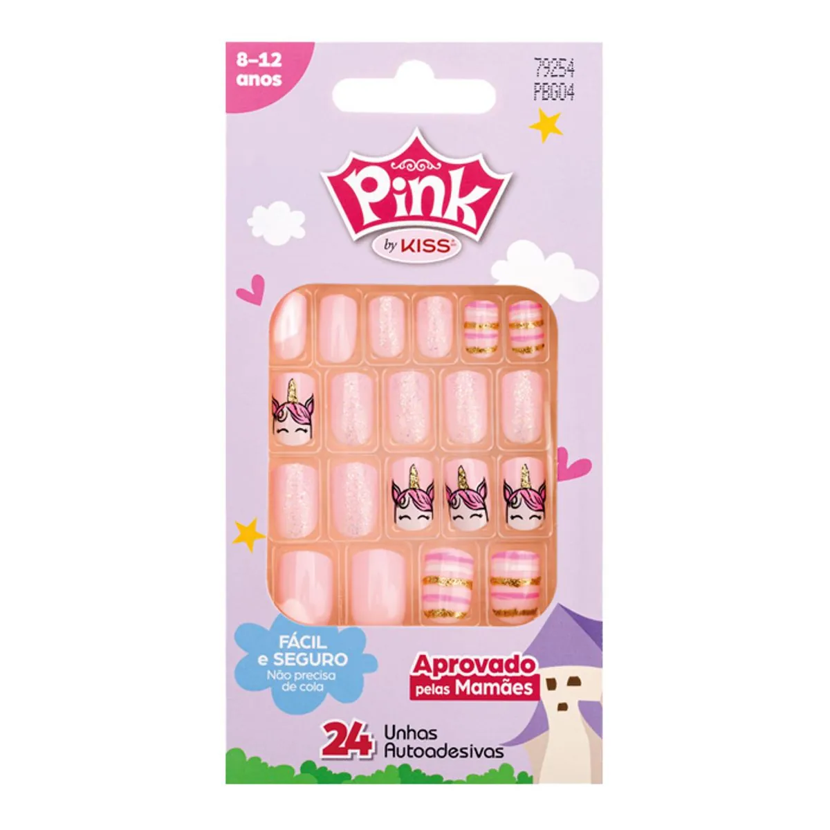 Unha Postiça Infantil Autoadesiva Unicorn Kiss New York Pink Caixa 24 Unidades