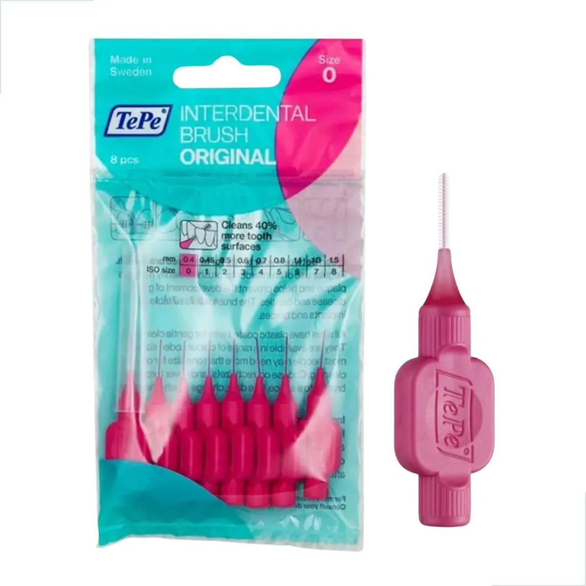 Escova Interdental 0.40mm Rosa TePe Precisão Limpeza Espaços Pequenos Dentes Proximidade Placas Comp