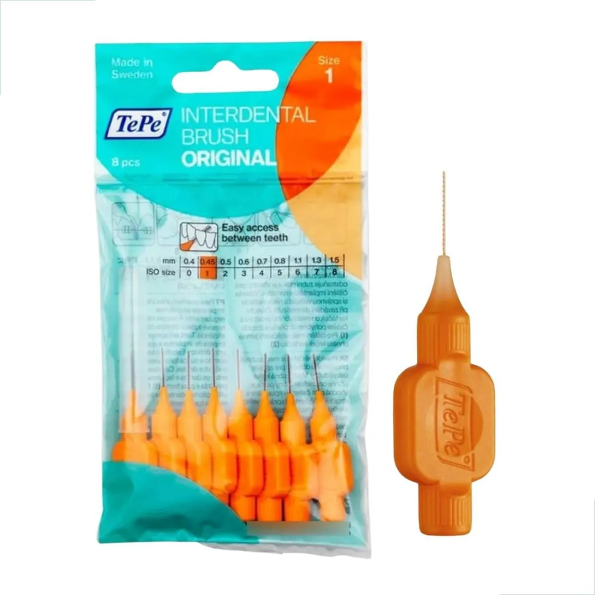 Escova Interdental 0.45mm Laranja TePe Higiene Dentes Sensíveis Aglutinados Remoção Placas Fio Denta