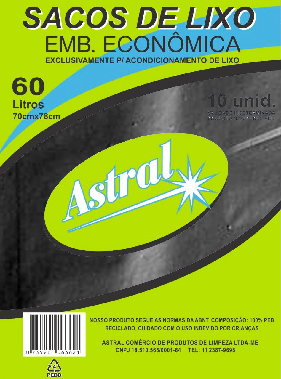 Saco Lixo Astral 60l Preto 10un