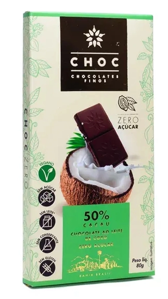 Barra de Chocolate ao Leite Coco Zero Açúcar Choc 80g