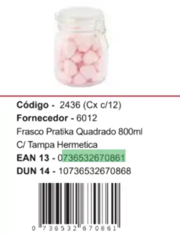 Frasco Quadrado Pratika 800ml C/tampa Hermetica