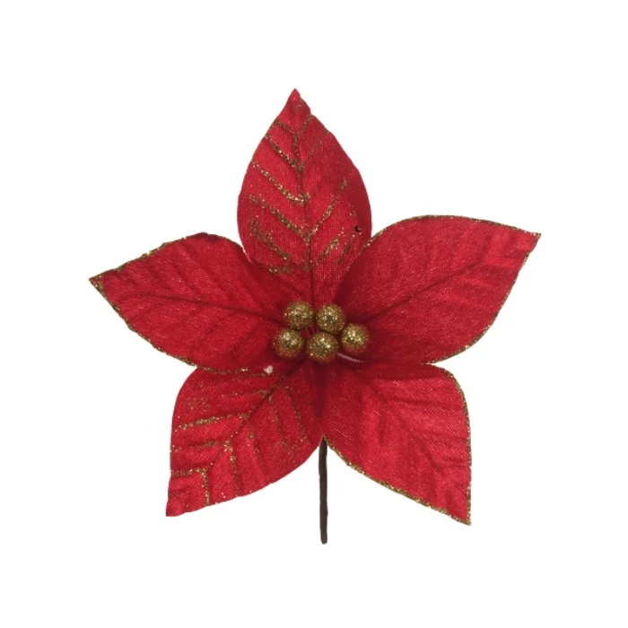 Flor Natalina 21cm Vermelha C/dourado 1un