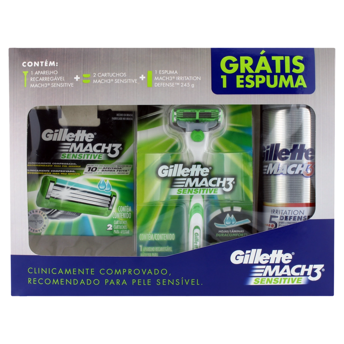 Kit 1 Aparelho Recarregável 2 Cargas Para Barbear Mach3 Sensitive Grátis 1 Espuma Mach3 Irritation D
