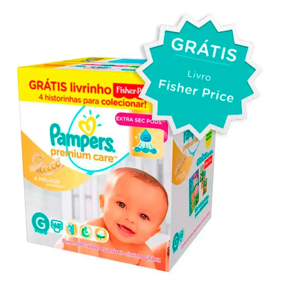 Fralda Descartável Infantil Pampers Premium Care G Caixa 68 Unidades Grátis Livrinho Fisher Price