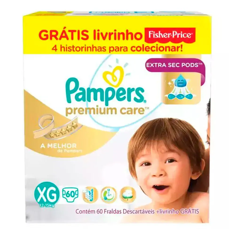 Fralda Descartável Infantil Pampers Premium Care Xg Caixa 60 Unidades Grátis Livrinho Fisher Price