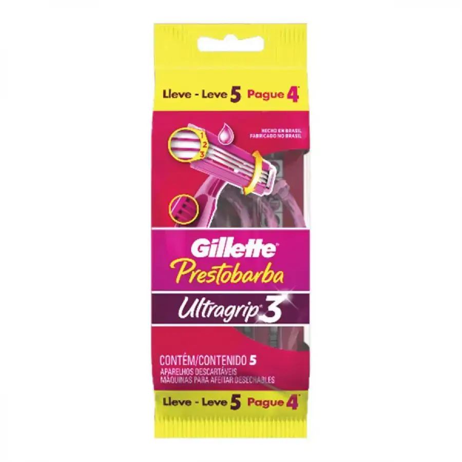 Aparelho de Depilar Descartável Gillette Prestobarba3 Ultragrip Leve 5 Pague 4 Unidades