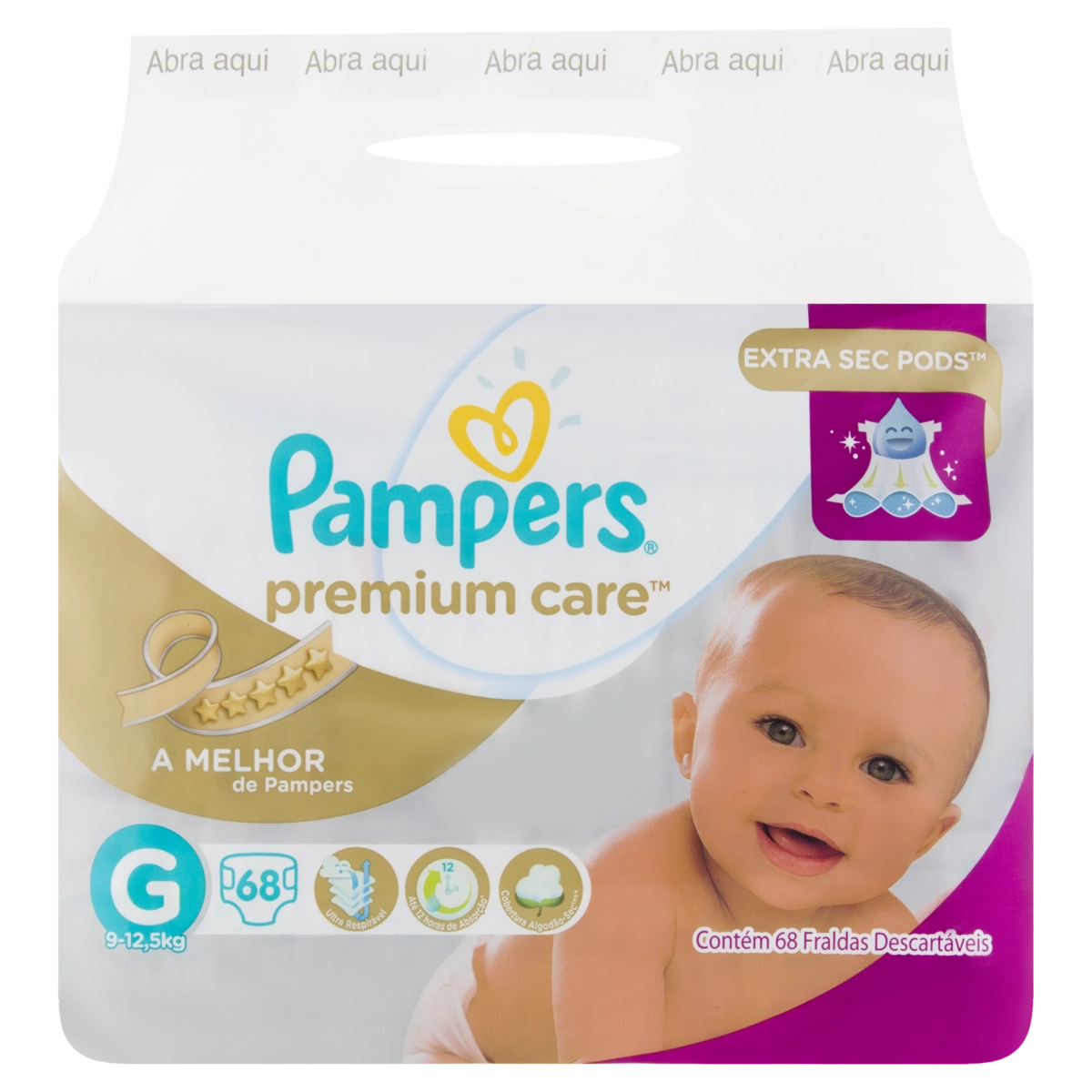 Fralda Descartável Infantil Pampers Premium Care Extra Sec Poods G Pacote 68 Unidades