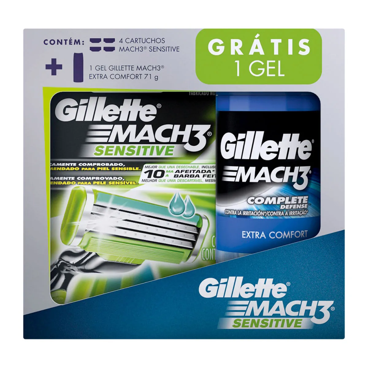 Kit 4 Cargas De Aparelho Para Barbear Gillette Mach3 Sensitive Grátis 1 Gel De Barbear 71g