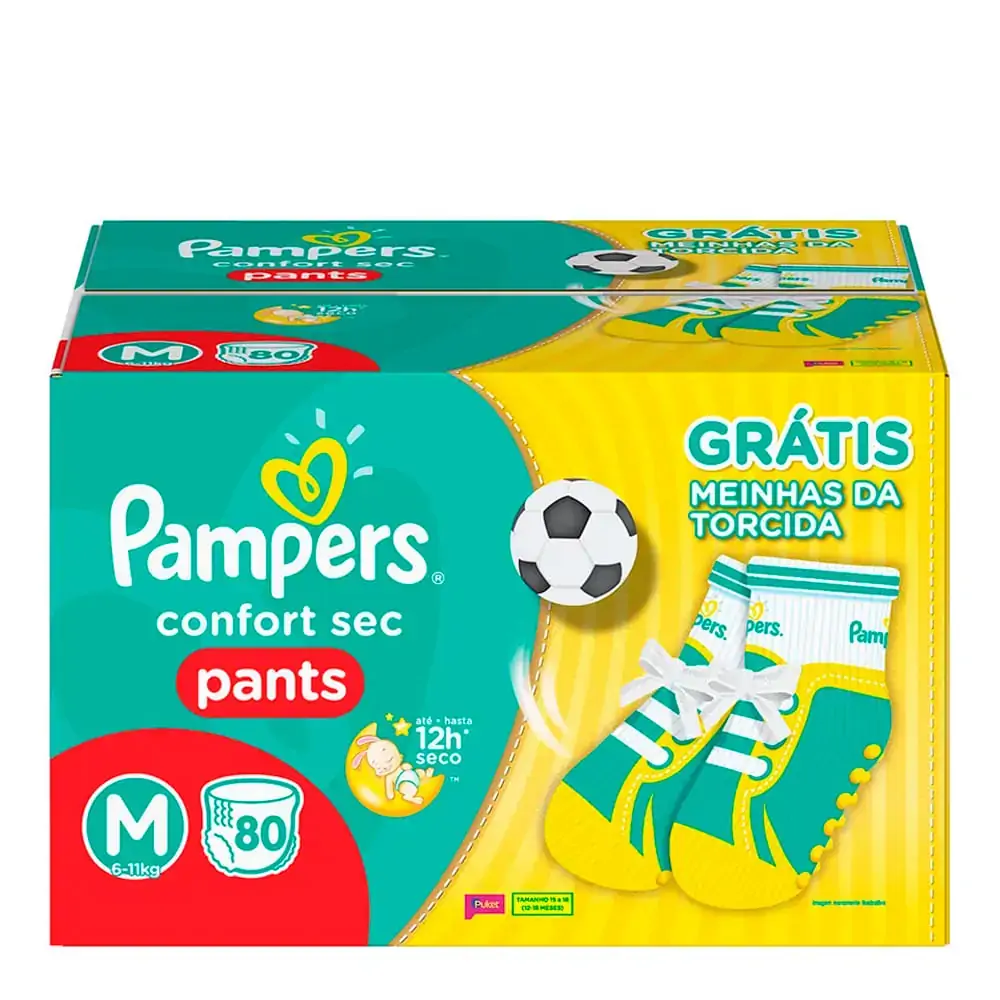 Fralda Descartável Infantil Pants Pampers Confort Sec M Caixa 80 Unidades Grátis Meinhas Da Torcida